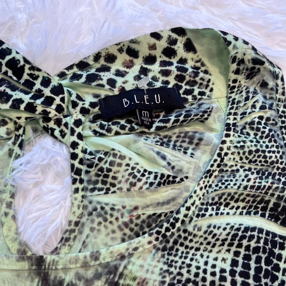 Y2K Green Animal & Floral Print Baby Doll Rhinestone Asymetrical Hem Top Medium - Picture 4 of 8